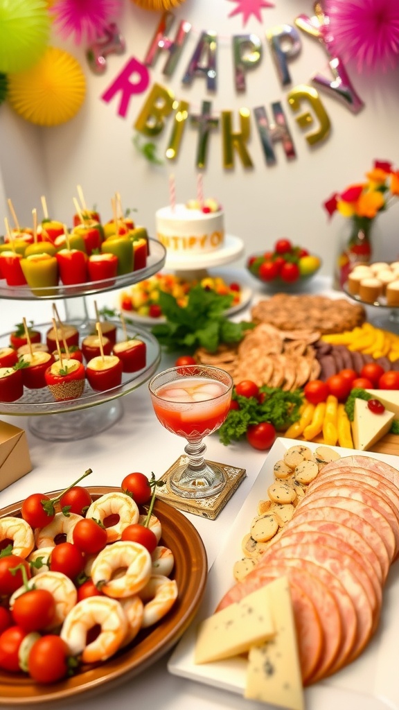 A colorful assortment of appetizers including stuffed mini peppers, shrimp cocktail, caprese skewers, and a cheese board for a 40th birthday celebration.